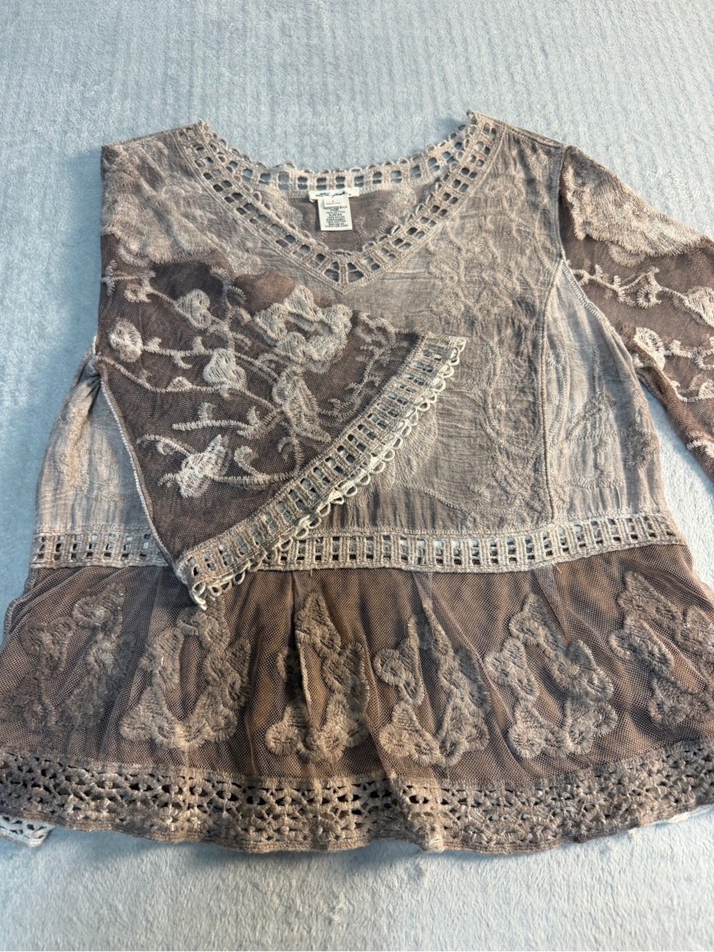 Embroidered Boho Peplum Top S Taupe Lace Mesh Cottagecore - Picture 4 of 12